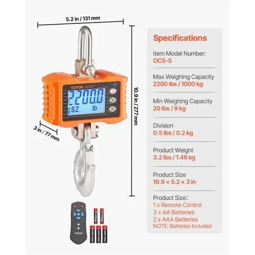 VEVOR Industrielle Hängewaage, 1000 kg, robuste digitale Kranwaage mit Fernbedienung, Lastenwaage, Gehäuse aus Aluminiumguss, hochpräzises LCD-Display für Bau, Fabrik, Bauernhof, Jagd, Orange – Bild 6