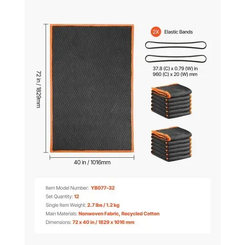 VEVOR Umzugsdecken, 12 Stk., 1829x1016 mm, Verpackungsdecke mit Baumwollfüllung, Möbeldecke, Lagerdecke mit Vliesstoff gepolsterte Packdecke zum Versenden, Verpacken & Schützen von Möbeln – Bild 6