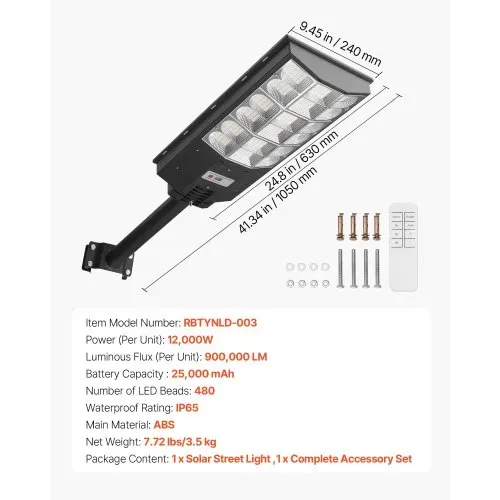 VEVOR Solar-Straßenlaterne 900000 LM, Straßenlampe 12 kW, Solarleuchte mit Dämmerungssensor, LED-Flutlicht mit Bewegungsmelder, IP65, Weitwinkel-Außenbeleuchtung, für Einfahrten & Höfe – Bild 6