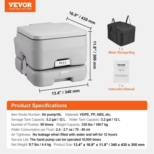 VEVOR Tragbare Toilette fürs Camping, Porta Potty mit 3,2-Gallonen-Fäkalientank und 3,2-Gallonen-Spültank, Toilettenstuhl mit Druckknopf-Spülung, auslaufsichere und geruchslose Reisetoilette für Erwachsene, Kinder, Campingauto – Bild 6