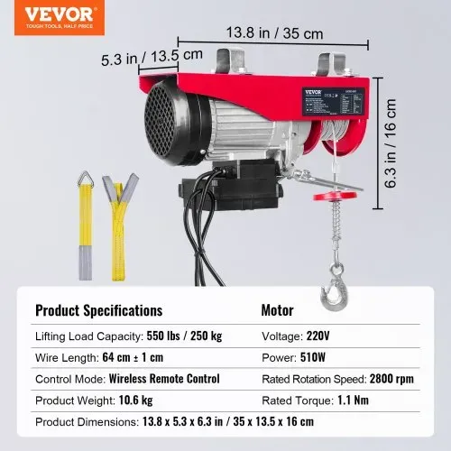 VEVOR 230V Elektrische Seilwinde 125kg bis 250kg Hubhöhe 12m Seilzug Motorwinde 510W Motor Flaschenzug 10m/min Hubgeschwindigkeit Hebezug mit kabelloser Fernbedienung Seilhebezug Kettenzug – Bild 6