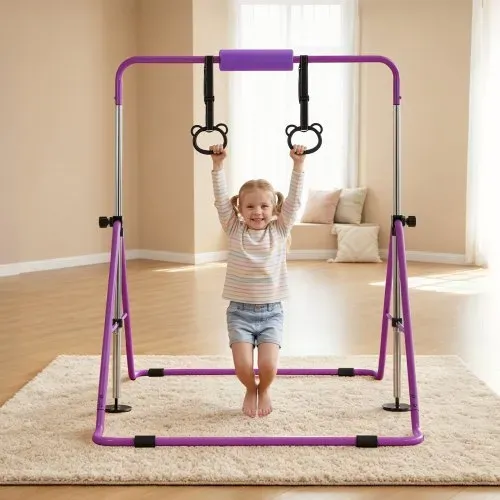 VEVOR Gymnastikstange für Kinder mit 63,5 kg Tragkraft, Klappbares Turnreck mit Turnringen, Höhenverstellbare Turnstange für Indoor- und Outdoor-Training, Heimtrainingsgerät für Kinderturnen, Lila – Bild 7