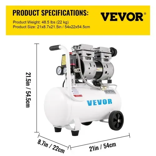 VEVOR Flüsterkompressor 25 L, Leise Ölfrei Kompressor 750 W, Ölfrei Luftkompressor 60 dB, Druckluftkompressor, Silent Druckluft Kessel 165 L / min Abgasvolumen, mit Eingebautem Abluftventilator – Bild 6