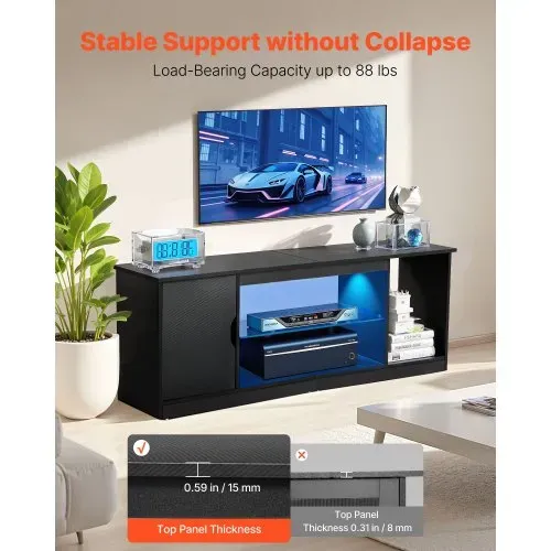 VEVOR TV-Ständer für Fernseher bis zu 65 Zoll, TV Tisch mit Lichtleiste, TV-Schrank aus Holz mit Glasablage & verstellbaren Regalen, Konsolentisch Fernsehschrank für Wohnzimmer Schlafzimmer, Schwarz – Bild 4