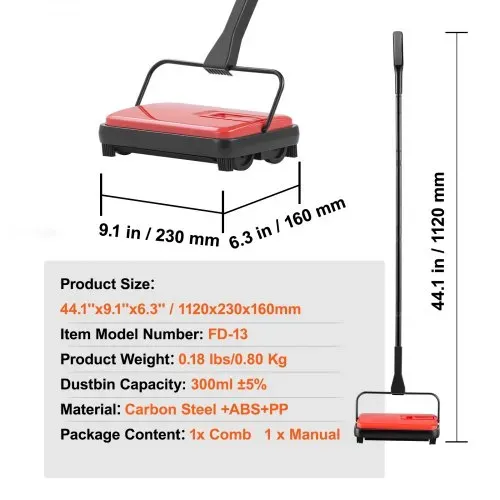 VEVOR Teppichkehrer Teppichbodenkehrmaschine manuell, Bodenkehrer mit 300 ml Staubbehälterkapazität, 17 cm Reinigungsbreite Kehrmaschine für Heimbüro-Teppiche Tierhaarstaub Teppichreinigung, Rot – Bild 6