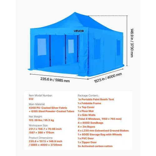 VEVOR tragbares Lackierkabinenzelt (587x398x178 cm) Sprühfarbenzelt für Sprühmalerei, wasserfeste & faltbare Farbkabine mit 4 Netz-Seitenfenstern für Autoteile Möbel Motorräder Sprühschutz blau – Bild 6