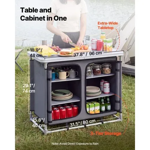 VEVOR Klappbare Campingküche, Tragbarer Campingschrank mit 6 Ablagefächern, Tragetasche & MDF-Tischplatte bis 50 kg Tragkraft, Küchenstation für Picknick, Grillen, Partys, Camping & Wohnmobilreisen VEVOR Klappbare Campingküche, Tragbarer Campingschrank mit 6 Ablagefächern, Tragetasche & MDF-Tischplatte bis 50 kg Tragkraft, Küchenstation für Picknick, Grillen, Partys, Camping & Wohnmobilreisen