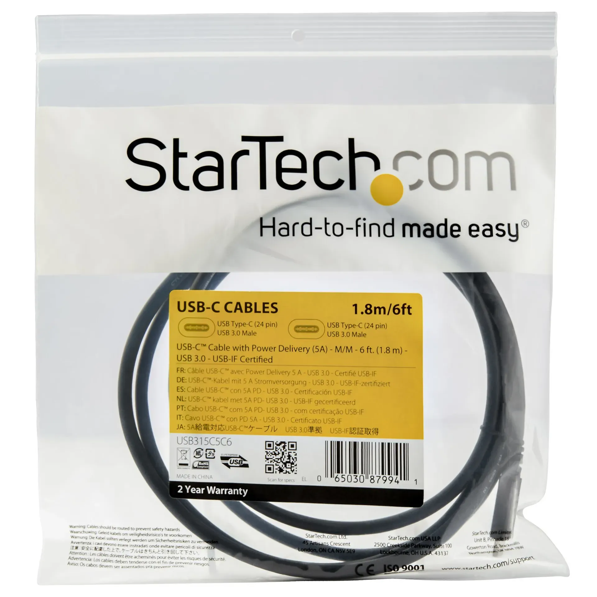 StarTech.com 1,8m USB-C Kabel, USB 5Gbps, 100W (5A) Power Delivery, Works with Chromebook Zertifiziert, 4K 60Hz DP Alt Mode, USB-IF-zertifiziert - Thunderbolt-Kompatibel – Bild 6