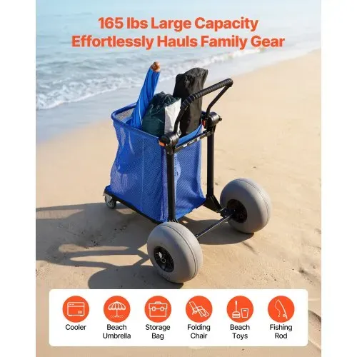 VEVOR Strandwagen mit Ballonreifen (12 Zoll), Faltbarer Strandtrolley mit 180° Verstellbarem Griff Pumpe und Aluminiumrahmen, Handwagen (75 kg Belastbar), Strandkarre Ideal für Camping Angeln Garten – Bild 4