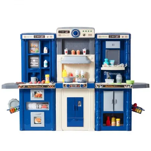 VEVOR Kinderküchen-Spielset, 3-in-1-Kleinkinderküche mit simuliertem Sprühnebel, Geräuschen und Lichtern, Spielküchenset mit 74-teiligem Kochzubehörset für Kleinkinder, Vorschulkinder, Kinder im Alter von 3–8 Jahren, Blau – Bild 8