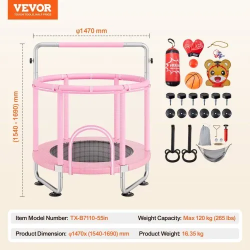 VEVOR Kindertrampolin Trampolin Mini Freizeittrampolin 147 cm für Kleinkinder einstellbar mit Sicherheitsnetz & Basketballkorb, Geburtstagsgeschenk Weihnachtsspielzeug für Kinder ab 3 Jahren Rosa – Bild 6