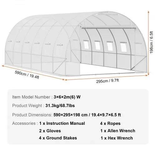 VEVOR begehbares Tunnel-Gewächshaus, 6,8 x 2,8 x 2,0 m, Foliengewächshaus-Tunnel, Pflanzen-Gewächshaus mit verzinktem Stahlrahmen, weißer PE-Abdeckung, aufrollbarer Reißverschlusstür und 12 Fenstern für den Außenbereich – Bild 6