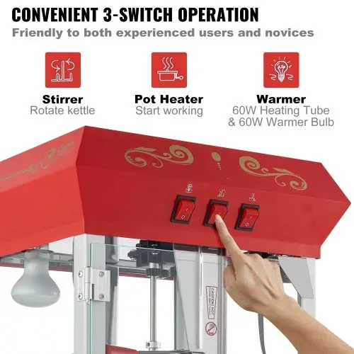 VEVOR Popcornmaschine Popcornautomat Popcorngerät mit Wagen 850 W Popcornmaschine 8 oz Kessel für 48 Tassen pro Ladung, Popcornmaschine mit gehärtetem Glas, inkl. 4 Schaufeln, Kino-Stil, rot – Bild 4