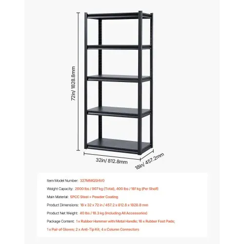VEVOR Lagerregal, 907 kg, Steckregal, Kellerregal, robustes verstellbares Metall-Schwerlastregal, 5 Ebenen, 457,2x812,8x1828,8 mm, Werkstattregal, für Küche, Werkstatt, Keller, Lager, schwarz – Bild 6