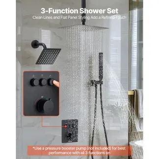 VEVOR Duschsystem-Set mit 12 Zoll Regenduschsystem / 6 Zoll Wandmontagekopf / 2 in 1 Handbrause, drehbarem Doppelregenkopf (3 Funktionen), Messingventil Verkleidungssatz, Mattschwarz thermostatisch VEVOR Duschsystem-Set mit 12 Zoll Regenduschsystem / 6 Zoll Wandmontagekopf / 2 in 1 Handbrause, drehbarem Doppelregenkopf (3 Funktionen), Messingventil Verkleidungssatz, Mattschwarz thermostatisch