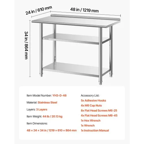 VEVOR Gasto Arbeitstisch 1219x610x864 mm, Edelstahltisch mit 3 Ebenen & Aufkantung & Höhenverstellbaren Ablagen Belastbarkeit Top 245 kg & 2 Unterablagen je 204 kg Vorbereitungstisch für Restaurant – Bild 6
