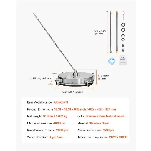 VEVOR 465 mm Hochdruckreiniger-Oberflächenreiniger, Flächenreiniger aus Edelstahl mit 4 Rädern, max. 4000 PSI, 1/4-Zoll-Schnellanschluss, 2 Sprühdüsen, 2 verlängerte Stäbe für Beton, Terrasse, Deck – Bild 6