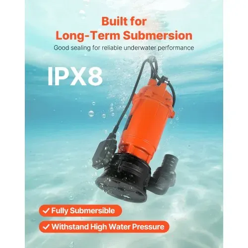 VEVOR 1500 W Tauchpumpe, 21000 l/h, Gusseisen-Schmutzwasserpumpe mit automatischem Schwimmerschalter, 18m Förderhöhe zum Abpumpen von Schmutzwasser, für Pools, Teiche & überflutete Bereiche – Bild 4