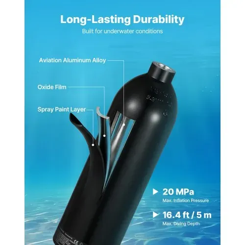 VEVOR Mini-Tauchflasche 1 L, Tragbare Lungenflasche für Unterwasseratmung, Wiederverwendbare Sauerstoffflasche für bis zu 20 Minuten Tauchzeit, Tauchausrüstung mit Rucksack & Schnorchelbrille – Bild 2