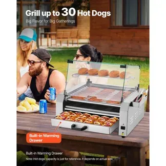 VEVOR Hot Dog Grill Maschine 30 Hot dogs 11 Rollen Edelstahl, 2400 W, Elektrogrill mit Brötchenwärmer & Abdeckung (Glas + PC) & 3 Temperaturregler & seitlicher Aufbewahrungsbox & Ölauffangschale VEVOR Hot Dog Grill Maschine 30 Hot dogs 11 Rollen Edelstahl, 2400 W, Elektrogrill mit Brötchenwärmer & Abdeckung (Glas + PC) & 3 Temperaturregler & seitlicher Aufbewahrungsbox & Ölauffangschale