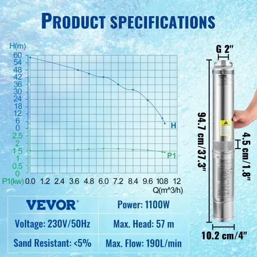 VEVOR 102 mm Tiefbrunnenpumpe 1100 W Brunnenpumpe 190 L/min Tauchpumpe max Förderhöhe 57m Rohrpumpe 230 V 50 Hz Sandpumpe IP68 Wasserpumpe 0-40°C Pumpe Ideal – Bild 6