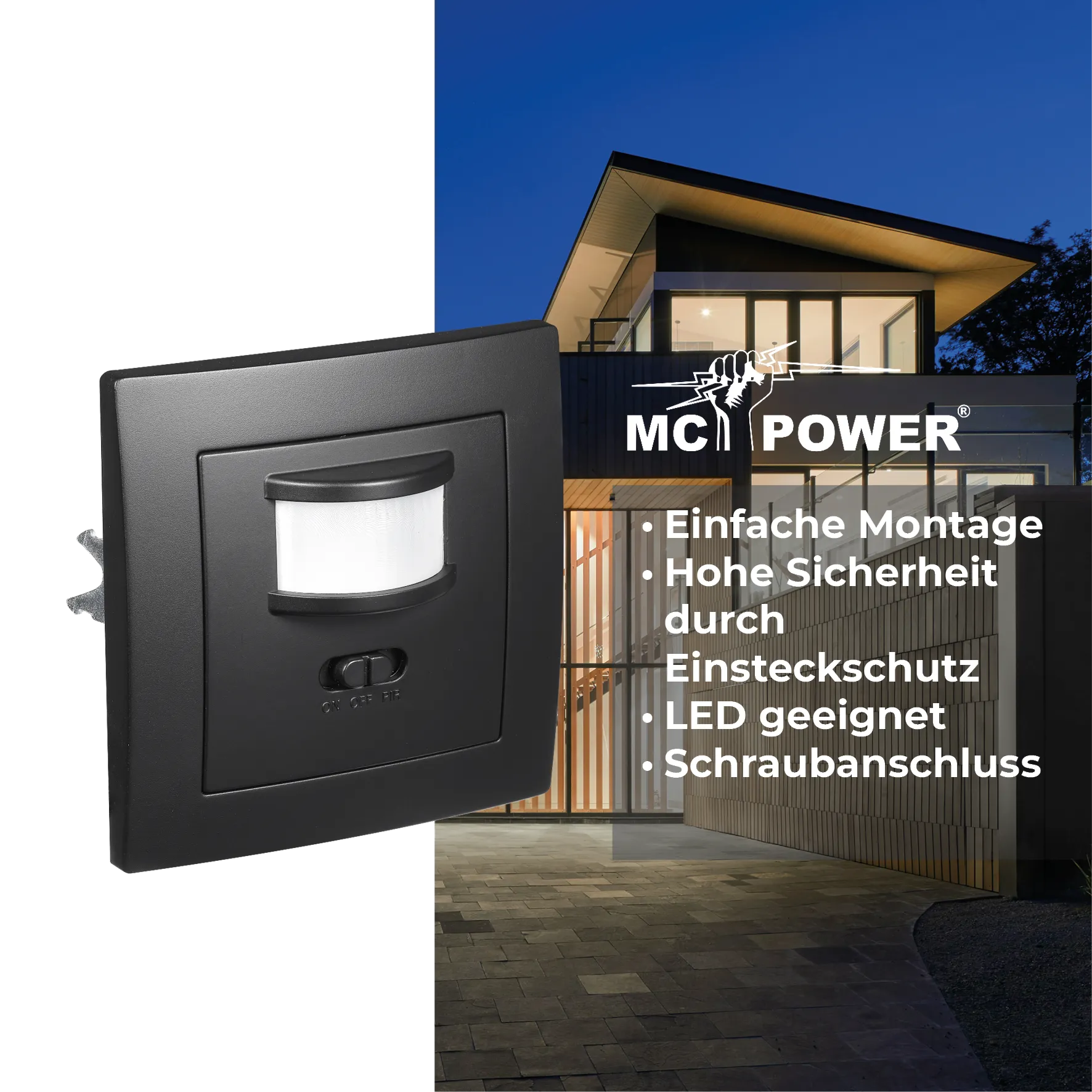 Unterputz IR Bewegungsmelder McPower ''Flair'' 160°, 750W ,LED geeignet, matt schwarz – Bild 4