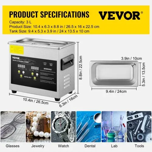 VEVOR 3 L Verbesserter Ultraschallreiniger (200 W Heizung, 120 W Ultraschall) Professioneller digitaler Labor-Ultraschall-Teilereiniger mit Heizungstimer für die Reinigung von Schmuckgläsern – Bild 6