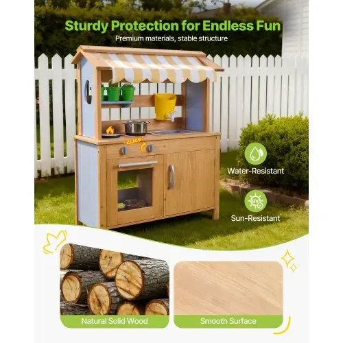 VEVOR Spielküche, Kinderküche, Spielzeugküche mit Löffeln, Spülbecken, Wassertank, Sonnenschutz, Schaufeln, Kochgeschirr & Zubehör, Outdoor-Holzküche für Kinder ab 3 Jahren, 795x339x1000mm – Bild 2