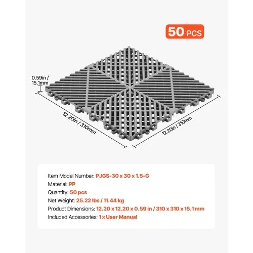 VEVOR Ineinandergreifende Drainagematten Set (50-tlg.) 31 x 31 cm, Garagenbodenfliesen Rutschfeste Klickfliesen aus PP, Modularer Garagenboden für Bad Küche Pool Außenbereich, Selbstentwässernd, Grau – Bild 6