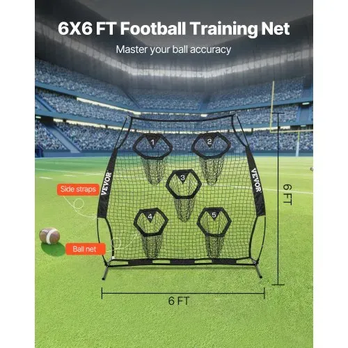 VEVOR Fußballtrainer Wurfnetz Übungsnetz (208 x 91 x 189 cm) mit 5 Zieltaschen & tragbarer Aufbewahrungstasche & Guren & knotenlosem Netz, Training für die Passgenauigkeit des Quarterbacks, schwarz – Bild 2