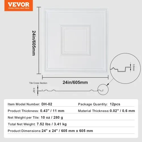 VEVOR Deckenfliesen, 12er-Pack 24 x 24 Zoll, abgehängte Deckenfliesen aus hochwertigem PVC-Blatt, einfache Installation/Zuschneiden, Kunststoff-Deckenfliesen zum Aufkleben, Deckenverkleidung für die Dekoration zu Hause/im Büro, weiß geometrisch – Bild 6
