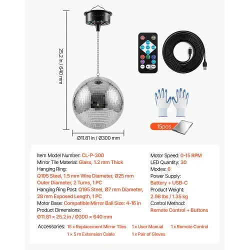 VEVOR Spiegelkugel Discokugel Mirrorball 300 mm mit Motor Fernbedienung LED, für Partys Heimdekoration Bühnen DJ- & Tanzclubs RGB plus 3 Mischfarben 0/3/6/9/12/15 U/min USB-Anschluss & Batteriebetrieb – Bild 6