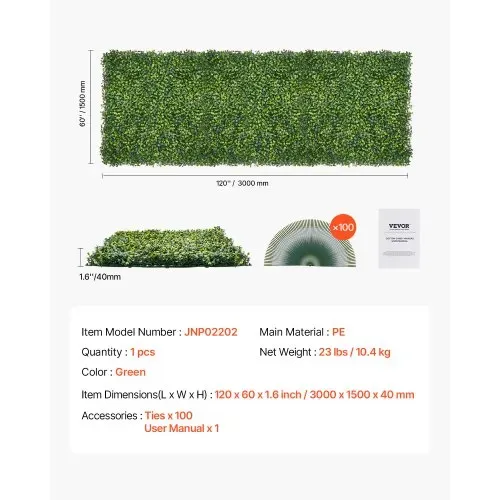 VEVOR Künstliche Pflanzenwand, 3000x1500x40 mm, Mailänder Gras, Buchsbaumpaneel für Dekoration im Innen- & Außenbereich & Efeu-Zaunbedeckung, Sichtschutz-Hintergrundwand, Heckenschirm für den Garten – Bild 6