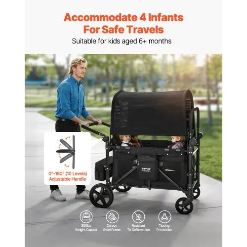 VEVOR 4-Sitzer-Kinderwagen, faltbarer Push-Pull-Kinderbuggy mit verstellbarem Griff, 5-Punkt-Sicherheitsgurt & abnehmbarem Verdeck, Bollerwagen für Camping, Schwarz (150 kg Tragkraft) – Bild 2