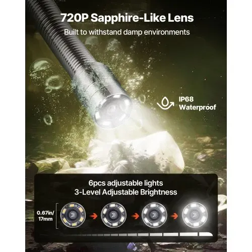 VEVOR Rohrkamera, 20 m Reichweite, 720x480 Kanalkamera, IP68 wasserdichte Rohrinspektionskamera mit 6 einstellbare LEDs, 4500-mAh-Akku & 16-GB-Speicherkarte für Abwasserleitungen & -rohre – Bild 2