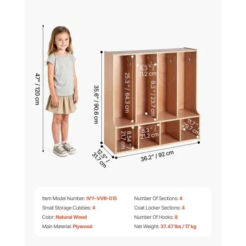 VEVOR Offener Kinderkleiderschrank aus Sperrholz, Kindergarderobe mit 8 Haken & 8 Fächern (4 Groß + 4 Klein), Garderobenregal & Aufbewahrungsregal für Kinderzimmer Zuhause Kindergarten Kita – Bild 6