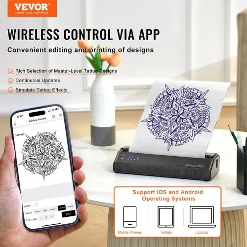 VEVOR Tattoo-Transfer-Schablonendrucker, Kabelloser Bluetooth-Tattoo-Schablonendrucker mit 10-teiligem Transferpapier und Stoffbeutel, Tragbarer Tattoo-Drucker für Android- und iOS-Telefon VEVOR Tattoo-Transfer-Schablonendrucker, Kabelloser Bluetooth-Tattoo-Schablonendrucker mit 10-teiligem Transferpapier und Stoffbeutel, Tragbarer Tattoo-Drucker für Android- und iOS-Telefon