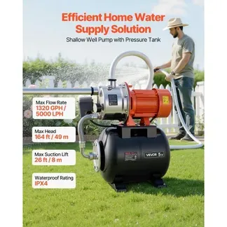 VEVOR Hauswasserwerk 1,6 PS 5000 L/h Flachbrunnenpumpe mit Druckbehälter, für Garten Rasen und Hauswasserversorgung, 49 m Förderhöhe, 8 m Saughöhe, IPX4-Wasserschutz und Manometer zur Druckkontrolle VEVOR Hauswasserwerk 1,6 PS 5000 L/h Flachbrunnenpumpe mit Druckbehälter, für Garten Rasen und Hauswasserversorgung, 49 m Förderhöhe, 8 m Saughöhe, IPX4-Wasserschutz und Manometer zur Druckkontrolle