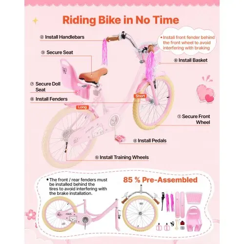 VEVOR Kinderfahrrad 20 Zoll Straßenfahrrad für 7-13 Jahre mit Ständer Rosa, Kinderrad aus Kohlenstoffstahl für Mädchen, Prinzessin-Stil, Doppelbremsen, Sattel & Lenker Verstellbar, mit Puppensitz Korb – Bild 6