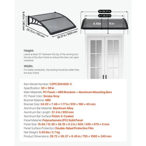 VEVOR Vordach für Haustür 755x1000 mm, Pultbogenvordach, Überdachung mit Entwässerung & ABS-Halterung, Regen-, Schnee- & Sonnenschutz, Polycarbonat-Türdach für Veranda & Terrasse, Rauchgrau – Bild 6