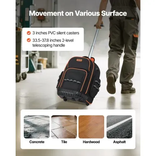 VEVOR Werkzeugrucksack mit Rollen, 50 kg Tragkraft, 45 Taschen, Werkzeugtasche, verstellbarer Teleskopgriff und stabile Basis, Arbeitsrucksack-Organizer für Bau und Mechanik, 440x250x480 mm – Bild 3