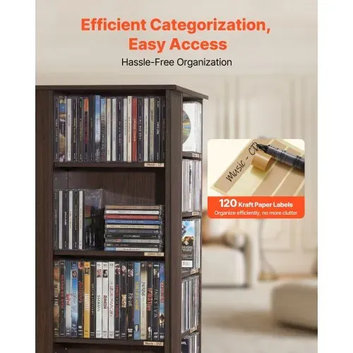 VEVOR Medienregal 475x475x1636 mm, CD-Turm, Drehbares Bücherregal mit 34 Fächern für CDs, DVDs, Bücher & Spiele-Discs, DVD-Ständer für Wohnzimmer, Homeoffice & Aufnahmeraum, Braun – Bild 4