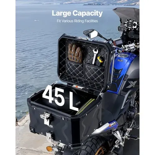 VEVOR Motorrad-Topcase Motorradkoffer 45 L Heckbox aus Aluminiumlegierung mit Lederfutter, abnehmbare Motorrad-Topbox mit Schloss & Rückenpolster, Helmkoffer (435 x 378 x 348 mm) Schwarz – Bild 2