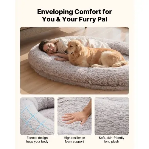VEVOR Hundebett für Menschen & Hunde, 176x122x24 cm, Memory-Schaum-Hundebett in Menschengröße, mit Seitentasche, Griff & Reißverschluss, abnehmbarer, maschinenwaschbarer Bezug, Hochflor, Grau – Bild 2