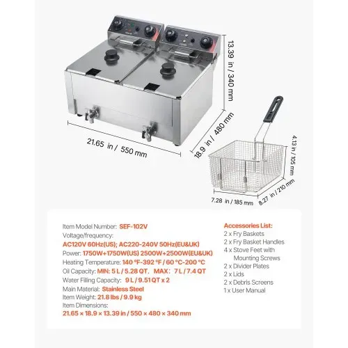 VEVOR Gewerbliche Elektrische 2-Becken-Fritteuse 14 L, 5000 W Edelstahl-Tischfritteuse mit Frittierkörben, Deckeln, Temperaturregelung, Timer und Überhitzungsschutz, für Restaurant, Imbiss, Küche – Bild 6
