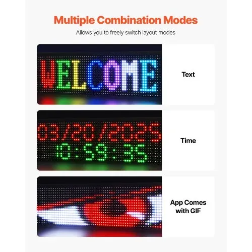 VEVOR programmierbare LED Zeichen P10 Vollfarbe flexibles digitales Scrolling Panel, DIY Anzeigetafel mit benutzerdefiniertem Textmuster und GIF & Bluetooth App Steuerung (990 x 190 x 55 mm) – Bild 5