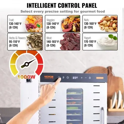 VEVOR 1000 W Dörrautomat Edelstahl, 377 x 285 mm 10 Stk. Tabletts 360° Trocken, Dörrgerät, Temperaturregelung, 0,5 bis 48-Stunden-Timer, Überhitzungsschutz, Rezeptheft für Fleisch Obst Gemüse – Bild 3