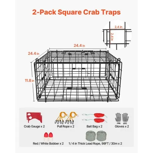 VEVOR Krabbenfalle 2er-Pack, 62 x 62 x 30 cm Krabbenreuse für Dungeness Crabs, PVC-beschichtetes Drahtgeflecht, inkl. 30 m Bleileine, Boje (Rot+ Weiß) und Handschuhen, Angelzubehör für Salzwasser VEVOR Krabbenfalle 2er-Pack, 62 x 62 x 30 cm Krabbenreuse für Dungeness Crabs, PVC-beschichtetes Drahtgeflecht, inkl. 30 m Bleileine, Boje (Rot+ Weiß) und Handschuhen, Angelzubehör für Salzwasser