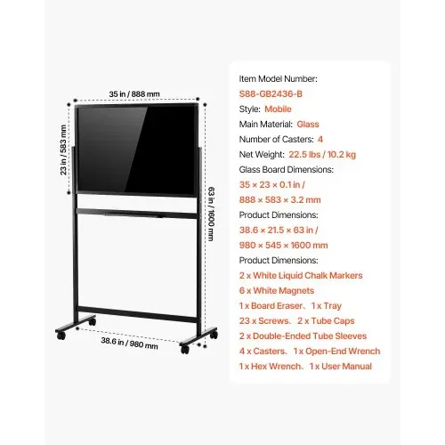 VEVOR Whiteboard mit Ständer 888x583mm Magnettafel Stativdrehtafel Schwarz, Büro Schule Zuhause Angenehmes Schreibgefühl Rahmenlos aus 3,2mm Dickem Glas inkl. Markern Magneten & Schwamm – Bild 6