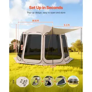 VEVOR Campingzelt, 365,76×335,28×230 cm, Pop-up-Zelt mit ausziehbarer Markise, Partyzelt für 10–12 Personen, inkl. Tragetasche & Netz-Seitenwände, für Terrasse & Outdoor-Aktivitäten, Beige VEVOR Campingzelt, 365,76×335,28×230 cm, Pop-up-Zelt mit ausziehbarer Markise, Partyzelt für 10–12 Personen, inkl. Tragetasche & Netz-Seitenwände, für Terrasse & Outdoor-Aktivitäten, Beige